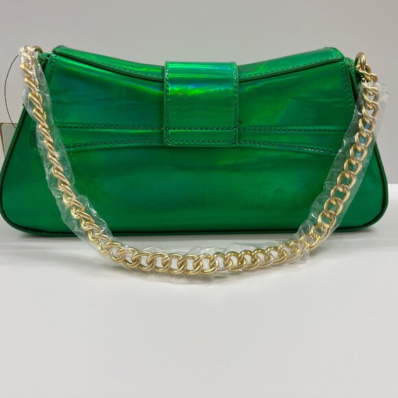 Iridescent Metallic Shiny Green  - Gold Buckle Crossbody / Chain Straps - NWT - Picture 3 of 10
